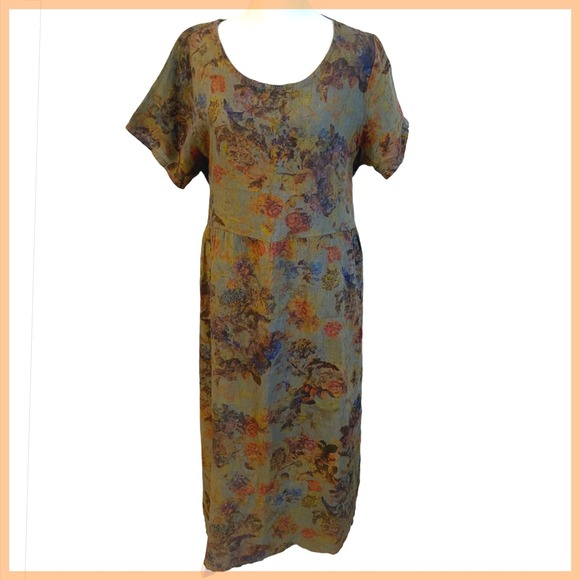 Lin Blanc Italy Linen Floral Print Midi Dress Casual Fall Ladies XL - Picture 1 of 8